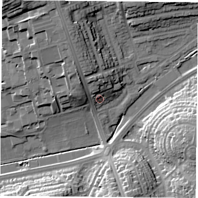 Shaded relief map of the ground around NG53HU, computed from Environment Agency LiDAR. The ground here sits at about 56 m above sea level and falls 30 m across the surrounding 800 m. Surface water reaching this point runs off ground lying to the north-north-west, 9.1 m higher.