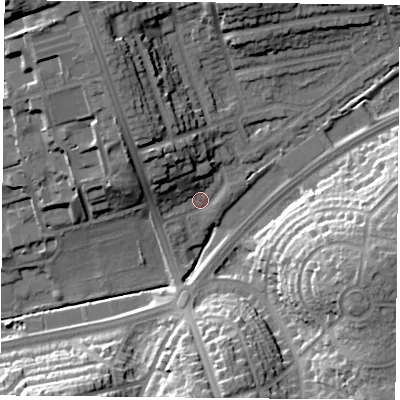 Shaded relief map of the ground around NG53JD, computed from Environment Agency LiDAR. The ground here sits at about 53 m above sea level and falls 28 m across the surrounding 800 m. Surface water reaching this point runs off ground lying to the north-north-west, 18.9 m higher.
