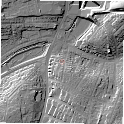 Shaded relief map of the ground around NG54FL, computed from Environment Agency LiDAR. The ground here sits at about 61 m above sea level and falls 29 m across the surrounding 800 m. Surface water reaching this point runs off ground lying to the south-south-east, 9.0 m higher.