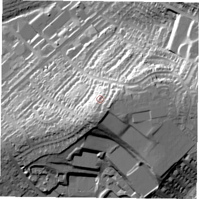 Shaded relief map of the ground around NG57LA, computed from Environment Agency LiDAR. The ground here sits at about 110 m above sea level and falls 45 m across the surrounding 800 m. Surface water reaching this point runs off ground lying to the south-south-east, 8.7 m higher.