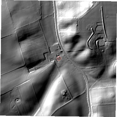 Shaded relief map of the ground around NG58PH, computed from Environment Agency LiDAR. The ground here sits at about 87 m above sea level and falls 31 m across the surrounding 800 m. Surface water reaching this point runs off ground lying to the north-north-east, 28.8 m higher.