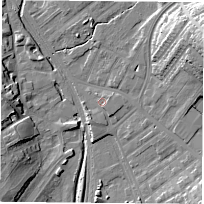 Shaded relief map of the ground around NG60AA, computed from Environment Agency LiDAR. The ground here sits at about 39 m above sea level and falls 25 m across the surrounding 800 m. Surface water reaching this point runs off ground lying to the south-south-east, 2.0 m higher.