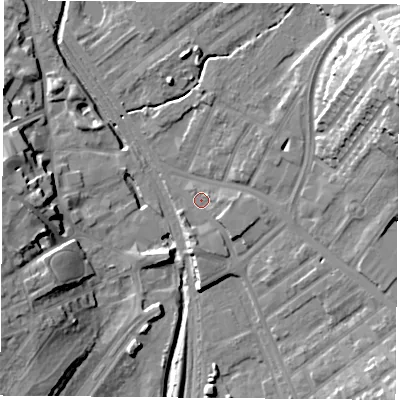 Shaded relief map of the ground around NG60AB, computed from Environment Agency LiDAR. The ground here sits at about 38 m above sea level and falls 23 m across the surrounding 800 m. Surface water reaching this point runs off ground lying to the south-east, 2.4 m higher.