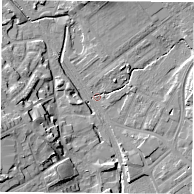Shaded relief map of the ground around NG60AD, computed from Environment Agency LiDAR. The ground here sits at about 38 m above sea level and falls 20 m across the surrounding 800 m. Surface water reaching this point runs off ground lying to the north-north-east, 7.3 m higher.