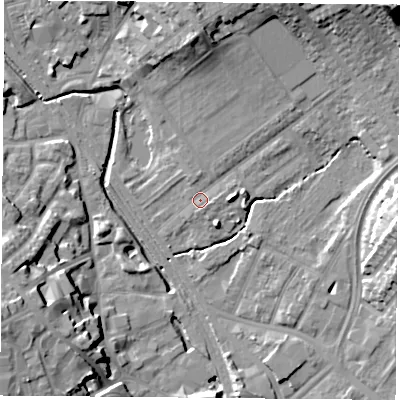 Shaded relief map of the ground around NG60AE, computed from Environment Agency LiDAR. The ground here sits at about 39 m above sea level and falls 23 m across the surrounding 800 m. Surface water reaching this point runs off ground lying to the north, 10.6 m higher.