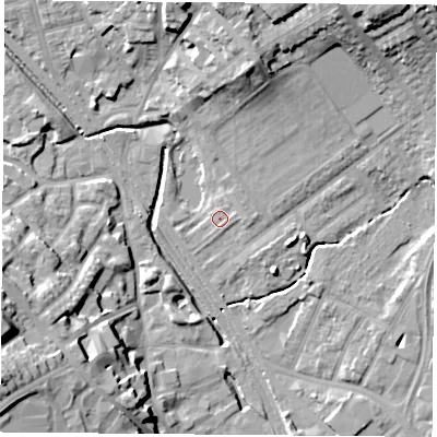 Shaded relief map of the ground around NG60AF, computed from Environment Agency LiDAR. The ground here sits at about 39 m above sea level and falls 22 m across the surrounding 800 m. Surface water reaching this point runs off ground lying to the east-north-east, 1.6 m higher.