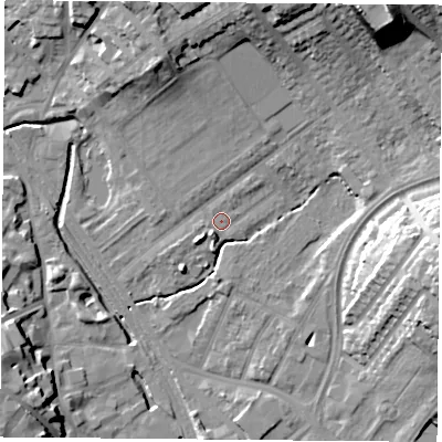Shaded relief map of the ground around NG60AG, computed from Environment Agency LiDAR. The ground here sits at about 40 m above sea level and falls 24 m across the surrounding 800 m. Surface water reaching this point runs off ground lying to the south-west, 2.5 m higher.