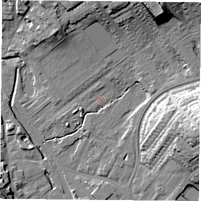 Shaded relief map of the ground around NG60AH, computed from Environment Agency LiDAR. The ground here sits at about 40 m above sea level and falls 27 m across the surrounding 800 m. Surface water reaching this point runs off ground lying to the north-north-east, 19.6 m higher.