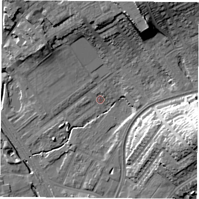 Shaded relief map of the ground around NG60AJ, computed from Environment Agency LiDAR. The ground here sits at about 40 m above sea level and falls 31 m across the surrounding 800 m. Surface water reaching this point runs off ground lying to the north-north-east, 18.5 m higher.