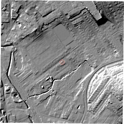 Shaded relief map of the ground around NG60AL, computed from Environment Agency LiDAR. The ground here sits at about 41 m above sea level and falls 27 m across the surrounding 800 m. Surface water reaching this point runs off ground lying to the north-north-east, 1.6 m higher.