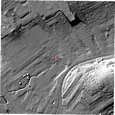 Shaded relief map of the ground around NG60AN, computed from Environment Agency LiDAR. The ground here sits at about 40 m above sea level and falls 36 m across the surrounding 800 m. Surface water reaching this point runs off ground lying to the east-south-east, 3.3 m higher.
