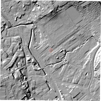 Shaded relief map of the ground around NG60AQ, computed from Environment Agency LiDAR. The ground here sits at about 39 m above sea level and falls 22 m across the surrounding 800 m. Surface water reaching this point runs off ground lying to the north, 10.6 m higher.