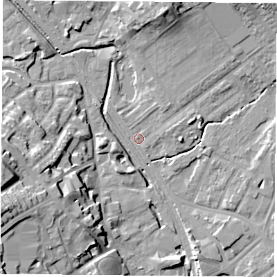 Shaded relief map of the ground around NG60AR, computed from Environment Agency LiDAR. The ground here sits at about 38 m above sea level and falls 23 m across the surrounding 800 m. Surface water reaching this point runs off ground lying to the north-north-east, 11.7 m higher.