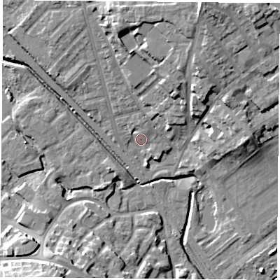 Shaded relief map of the ground around NG60AT, computed from Environment Agency LiDAR. The ground here sits at about 40 m above sea level and falls 22 m across the surrounding 800 m. Surface water reaching this point runs off ground lying to the north-north-east, 16.1 m higher.