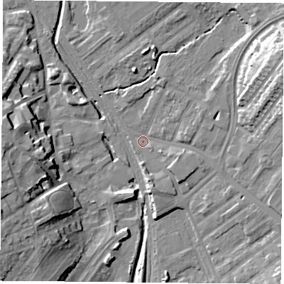 Shaded relief map of the ground around NG60AU, computed from Environment Agency LiDAR. The ground here sits at about 38 m above sea level and falls 20 m across the surrounding 800 m. Surface water reaching this point runs off ground lying to the north-east, 5.0 m higher.