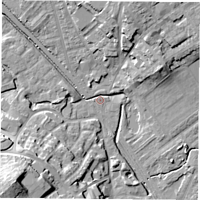 Shaded relief map of the ground around NG60BY, computed from Environment Agency LiDAR. The ground here sits at about 39 m above sea level and falls 28 m across the surrounding 800 m. Surface water reaching this point runs off ground lying to the south-west, 13.4 m higher.