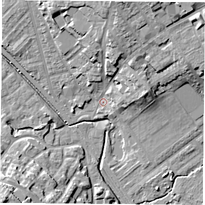Shaded relief map of the ground around NG60DA, computed from Environment Agency LiDAR. The ground here sits at about 40 m above sea level and falls 24 m across the surrounding 800 m. Surface water reaching this point runs off ground lying to the north-north-east, 16.8 m higher.