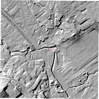 Shaded relief map of the ground around NG60DB, computed from Environment Agency LiDAR. The ground here sits at about 38 m above sea level and falls 28 m across the surrounding 800 m. Surface water reaching this point runs off ground lying to the north-north-east, 16.1 m higher.