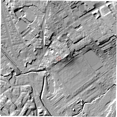 Shaded relief map of the ground around NG60DH, computed from Environment Agency LiDAR. The ground here sits at about 46 m above sea level and falls 25 m across the surrounding 800 m. Surface water reaching this point runs off ground lying to the east-north-east, 4.9 m higher.