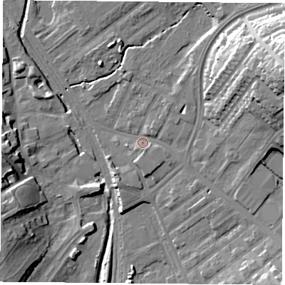 Shaded relief map of the ground around NG60FB, computed from Environment Agency LiDAR. The ground here sits at about 39 m above sea level and falls 27 m across the surrounding 800 m. Surface water reaching this point runs off ground lying to the north-east, 4.2 m higher.