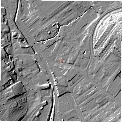 Shaded relief map of the ground around NG60FD, computed from Environment Agency LiDAR. The ground here sits at about 39 m above sea level and falls 24 m across the surrounding 800 m. Surface water reaching this point runs off ground lying to the north-east, 4.8 m higher.