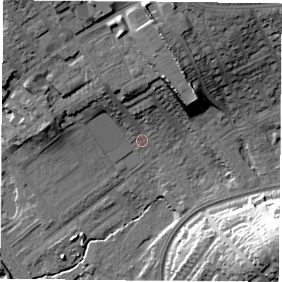 Shaded relief map of the ground around NG60FG, computed from Environment Agency LiDAR. The ground here sits at about 42 m above sea level and falls 32 m across the surrounding 800 m. Surface water reaching this point runs off ground lying to the north, 18.2 m higher.