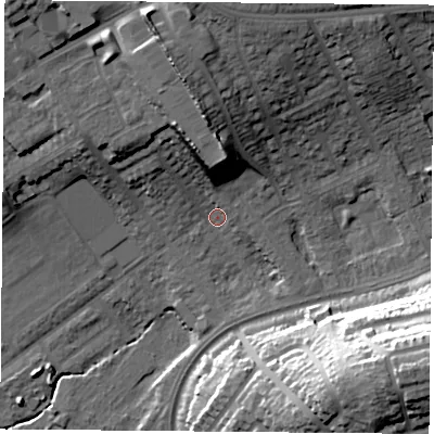 Shaded relief map of the ground around NG60FN, computed from Environment Agency LiDAR. The ground here sits at about 42 m above sea level and falls 37 m across the surrounding 800 m. Surface water reaching this point runs off ground lying to the north, 16.6 m higher.