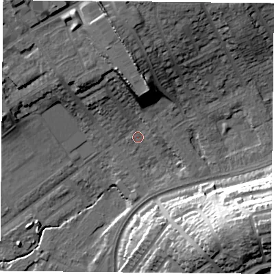 Shaded relief map of the ground around NG60FP, computed from Environment Agency LiDAR. The ground here sits at about 42 m above sea level and falls 37 m across the surrounding 800 m. Surface water reaching this point runs off ground lying to the north, 16.6 m higher.