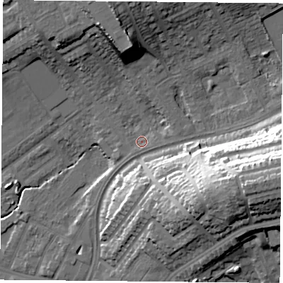 Shaded relief map of the ground around NG60FR, computed from Environment Agency LiDAR. The ground here sits at about 42 m above sea level and falls 36 m across the surrounding 800 m. Surface water reaching this point runs off ground lying to the north-north-west, 18.3 m higher.