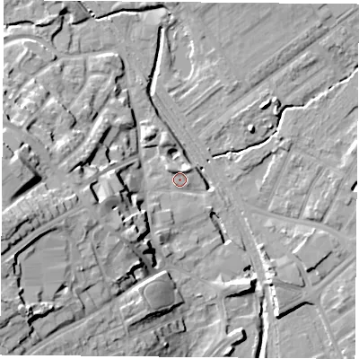 Shaded relief map of the ground around NG60FU, computed from Environment Agency LiDAR. The ground here sits at about 38 m above sea level and falls 24 m across the surrounding 800 m. Surface water reaching this point runs off ground lying to the west-south-west, 21.6 m higher.