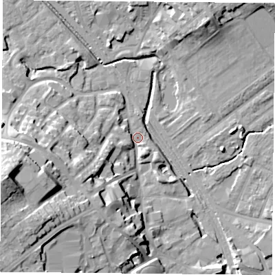 Shaded relief map of the ground around NG60FX, computed from Environment Agency LiDAR. The ground here sits at about 38 m above sea level and falls 28 m across the surrounding 800 m. Surface water reaching this point runs off ground lying to the west-south-west, 26.3 m higher.