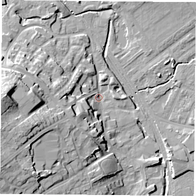 Shaded relief map of the ground around NG60FZ, computed from Environment Agency LiDAR. The ground here sits at about 37 m above sea level and falls 29 m across the surrounding 800 m. Surface water reaching this point runs off ground lying to the south-west, 12.3 m higher.