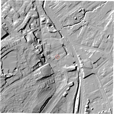 Shaded relief map of the ground around NG60GA, computed from Environment Agency LiDAR. The ground here sits at about 37 m above sea level and falls 24 m across the surrounding 800 m. Surface water reaching this point runs off ground lying to the west-south-west, 22.5 m higher.