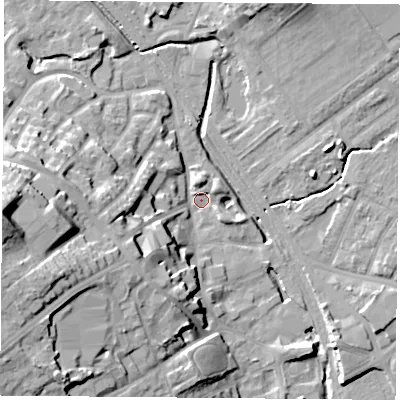 Shaded relief map of the ground around NG60GB, computed from Environment Agency LiDAR. The ground here sits at about 37 m above sea level and falls 28 m across the surrounding 800 m. Surface water reaching this point runs off ground lying to the west, 25.4 m higher.