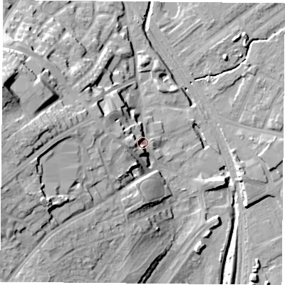 Shaded relief map of the ground around NG60GD, computed from Environment Agency LiDAR. The ground here sits at about 40 m above sea level and falls 29 m across the surrounding 800 m. Surface water reaching this point runs off ground lying to the west, 7.9 m higher.