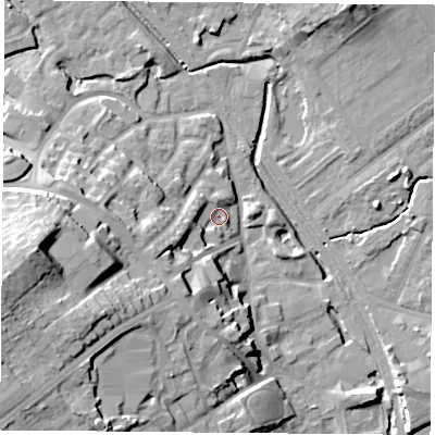 Shaded relief map of the ground around NG60GU, computed from Environment Agency LiDAR. The ground here sits at about 39 m above sea level and falls 28 m across the surrounding 800 m. Surface water reaching this point runs off ground lying to the west, 24.0 m higher.