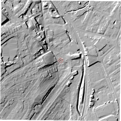 Shaded relief map of the ground around NG60GZ, computed from Environment Agency LiDAR. The ground here sits at about 37 m above sea level and falls 23 m across the surrounding 800 m. Surface water reaching this point runs off ground lying to the west-south-west, 13.0 m higher.