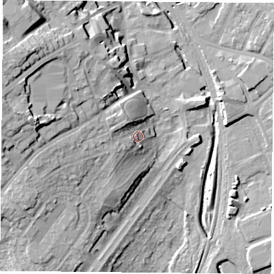Shaded relief map of the ground around NG60HD, computed from Environment Agency LiDAR. The ground here sits at about 43 m above sea level and falls 25 m across the surrounding 800 m. Surface water reaching this point runs off ground lying to the west, 7.7 m higher.