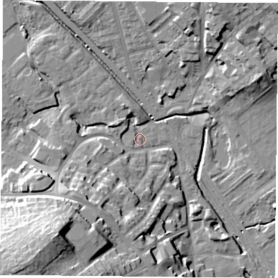 Shaded relief map of the ground around NG60JU, computed from Environment Agency LiDAR. The ground here sits at about 39 m above sea level and falls 28 m across the surrounding 800 m. Surface water reaching this point runs off ground lying to the south-west, 1.0 m higher.