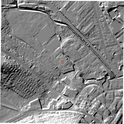 Shaded relief map of the ground around NG60NL, computed from Environment Agency LiDAR. The ground here sits at about 42 m above sea level and falls 23 m across the surrounding 800 m. Surface water reaching this point runs off ground lying to the east-north-east, 1.3 m higher.