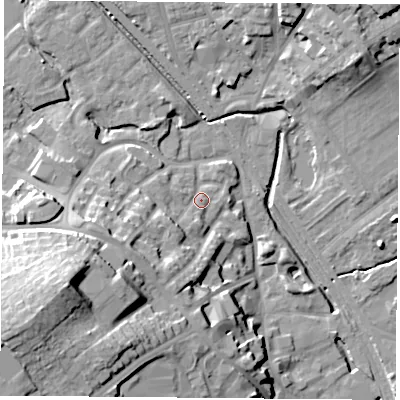 Shaded relief map of the ground around NG60QP, computed from Environment Agency LiDAR. The ground here sits at about 40 m above sea level and falls 28 m across the surrounding 800 m. Surface water reaching this point runs off ground lying to the west-south-west, 10.6 m higher.