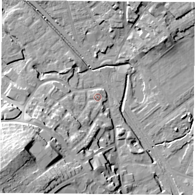 Shaded relief map of the ground around NG60QW, computed from Environment Agency LiDAR. The ground here sits at about 40 m above sea level and falls 28 m across the surrounding 800 m. Surface water reaching this point runs off ground lying to the south-south-west, 2.4 m higher.