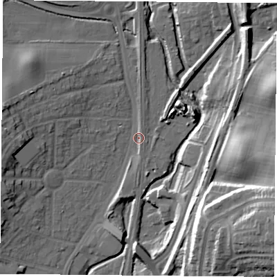 Shaded relief map of the ground around NG68AB, computed from Environment Agency LiDAR. The ground here sits at about 51 m above sea level and falls 30 m across the surrounding 800 m. Surface water reaching this point runs off ground lying to the west-north-west, 12.6 m higher.