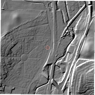 Shaded relief map of the ground around NG68AE, computed from Environment Agency LiDAR. The ground here sits at about 50 m above sea level and falls 29 m across the surrounding 800 m. Surface water reaching this point runs off ground lying to the west, 14.1 m higher.