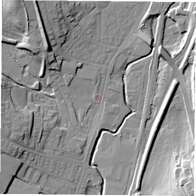 Shaded relief map of the ground around NG68AH, computed from Environment Agency LiDAR. The ground here sits at about 50 m above sea level and falls 23 m across the surrounding 800 m. Surface water reaching this point runs off ground lying to the north-north-west, 18.7 m higher.