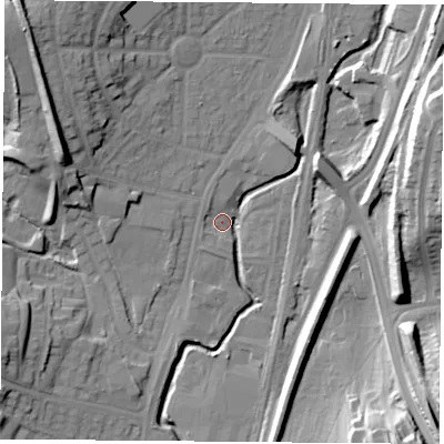 Shaded relief map of the ground around NG68AJ, computed from Environment Agency LiDAR. The ground here sits at about 49 m above sea level and falls 25 m across the surrounding 800 m. Surface water reaching this point runs off ground lying to the east-north-east, 9.4 m higher.