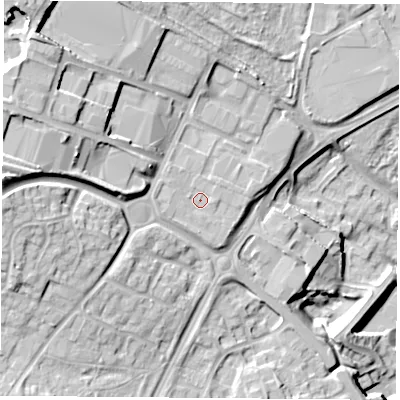 Shaded relief map of the ground around NG68AL, computed from Environment Agency LiDAR. The ground here sits at about 63 m above sea level and falls 27 m across the surrounding 800 m. Surface water reaching this point runs off ground lying to the west-north-west, 0.9 m higher.