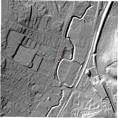 Shaded relief map of the ground around NG68AR, computed from Environment Agency LiDAR. The ground here sits at about 47 m above sea level and falls 25 m across the surrounding 800 m. Surface water reaching this point runs off ground lying to the north-west, 16.3 m higher.