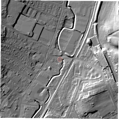 Shaded relief map of the ground around NG68AT, computed from Environment Agency LiDAR. The ground here sits at about 46 m above sea level and falls 26 m across the surrounding 800 m. Surface water reaching this point runs off ground lying to the west-north-west, 15.0 m higher.