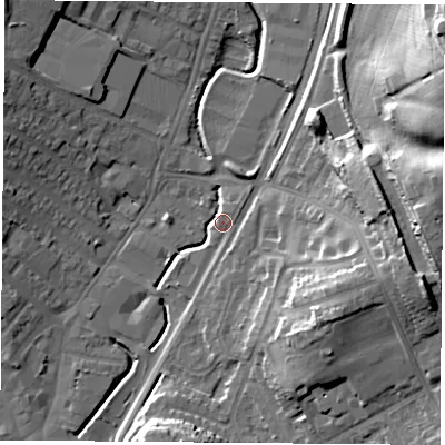 Shaded relief map of the ground around NG68AW, computed from Environment Agency LiDAR. The ground here sits at about 48 m above sea level and falls 27 m across the surrounding 800 m. Surface water reaching this point runs off ground lying to the north-west, 13.9 m higher.